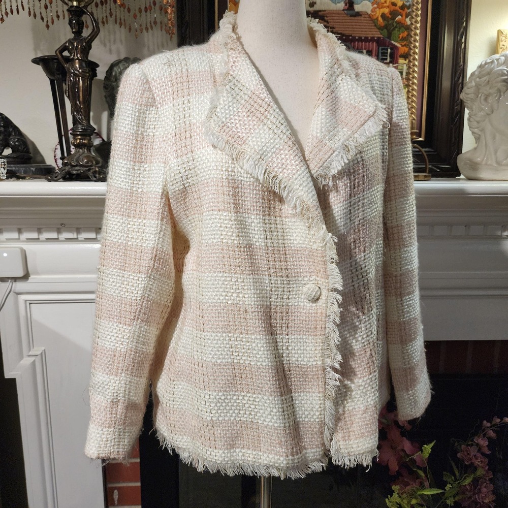Carlucci Vintage Light Pink Tweed Blazer Jacket XL Pastel Fringe Trim Striped